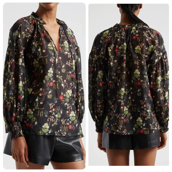 NWT Alice + Olivia Julius Tie Neck Tunic Top – Blush Kiss Black Floral Medium - Picture 1 of 8